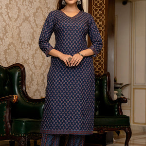 Navy Blue Rayon Blend Ajrakh Printed Straight Trouser Suit Set PKSKD2647