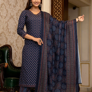 Navy Blue Rayon Blend Ajrakh Printed Straight Trouser Suit Set PKSKD2647