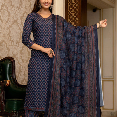 Navy Blue Rayon Blend Ajrakh Printed Straight Trouser Suit Set PKSKD2647