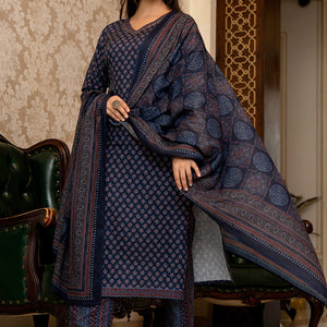 Navy Blue Rayon Blend Ajrakh Printed Straight Trouser Suit Set PKSKD2647