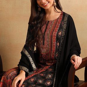 Black Chanderi Ethnic Motifs Woven Design Straight Trouser Suit Set PKSKD2657