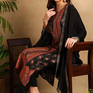 Black Chanderi Ethnic Motifs Woven Design Straight Trouser Suit Set PKSKD2657