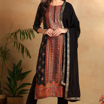 Black Chanderi Ethnic Motifs Woven Design Straight Trouser Suit Set PKSKD2657