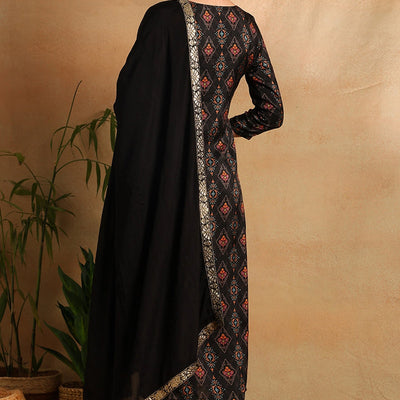 Black Chanderi Ethnic Motifs Woven Design Straight Trouser Suit Set PKSKD2657