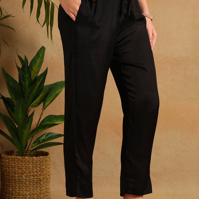 Black Chanderi Ethnic Motifs Woven Design Straight Trouser Suit Set PKSKD2657
