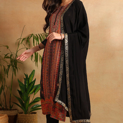 Black Chanderi Ethnic Motifs Woven Design Straight Trouser Suit Set PKSKD2657