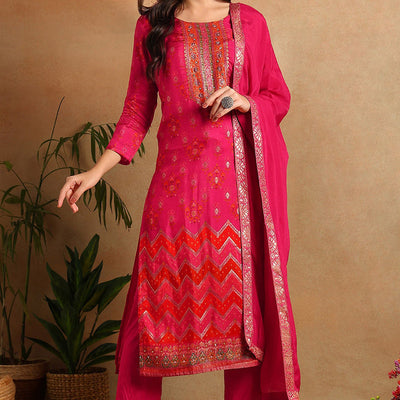 Pink Silk Ethnic Motifs Woven Design Straight Trouser Suit Set PKSKD2658