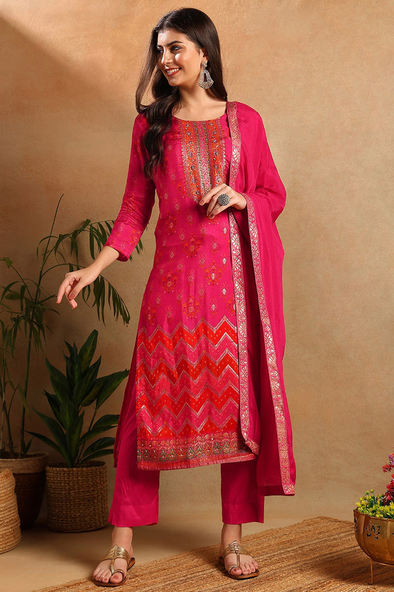 Pink Silk Ethnic Motifs Woven Design Straight Trouser Suit Set PKSKD2658
