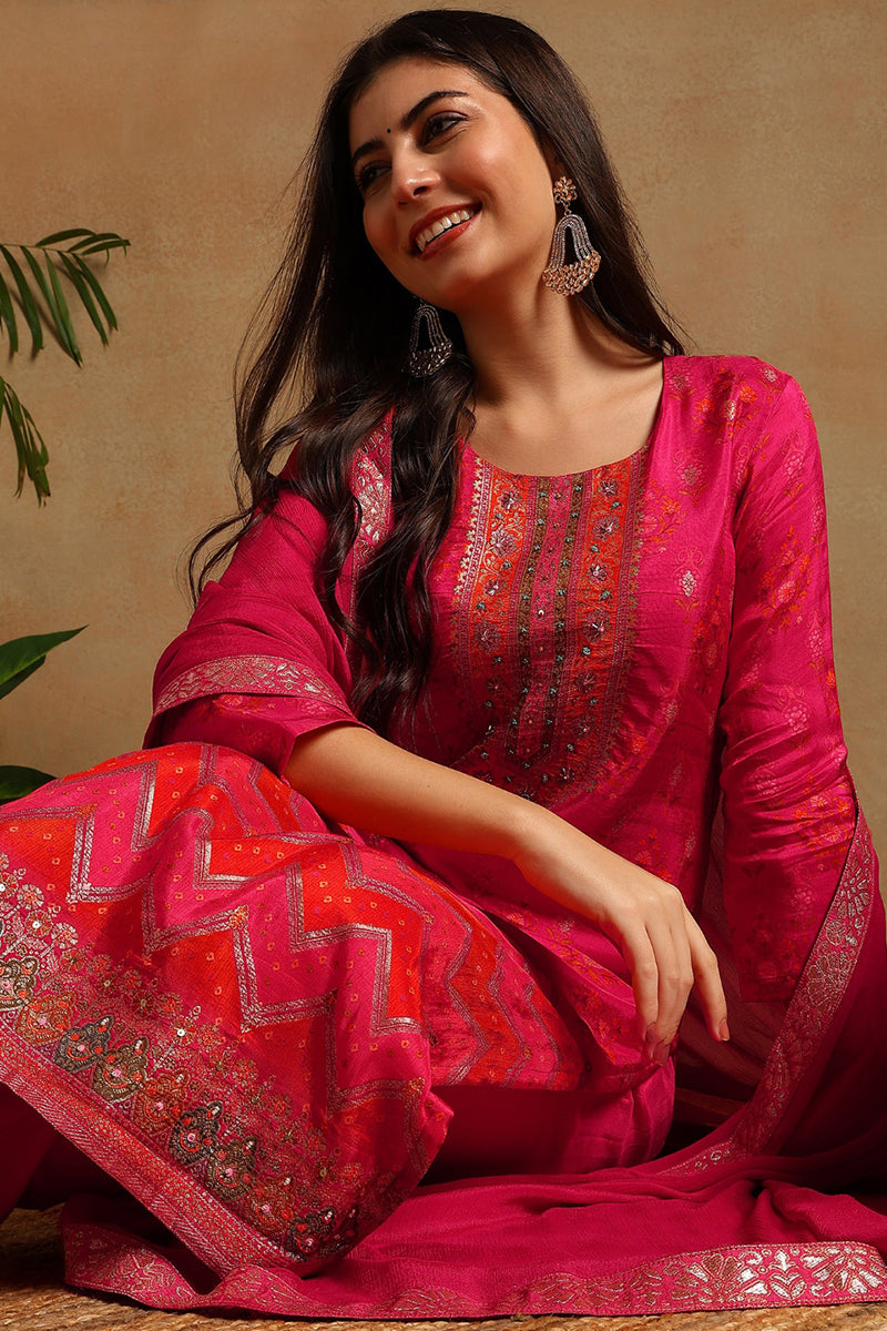 Pink Silk Ethnic Motifs Woven Design Straight Trouser Suit Set PKSKD2658