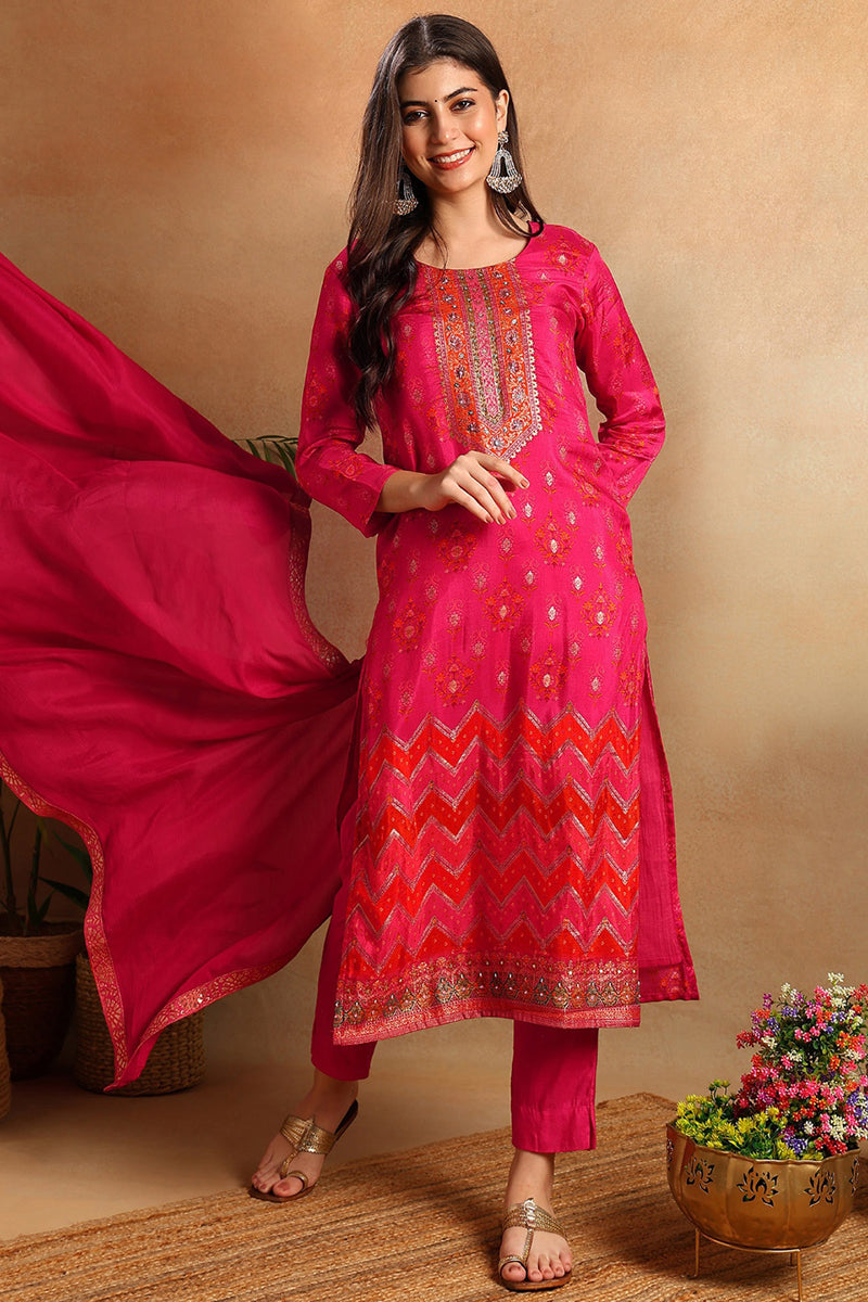 Pink Silk Ethnic Motifs Woven Design Straight Trouser Suit Set PKSKD2658