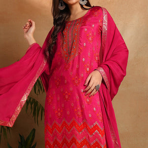 Pink Silk Ethnic Motifs Woven Design Straight Trouser Suit Set PKSKD2658