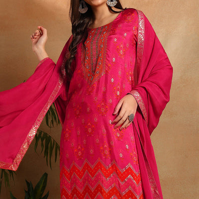 Pink Silk Ethnic Motifs Woven Design Straight Trouser Suit Set PKSKD2658
