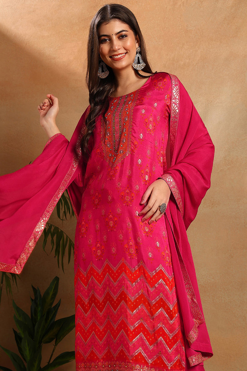 Pink Silk Ethnic Motifs Woven Design Straight Trouser Suit Set PKSKD2658