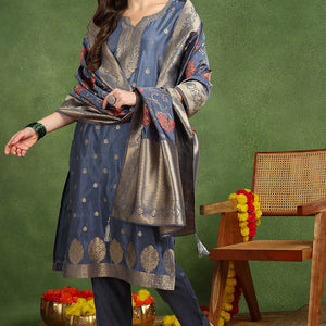 Blue Chanderi Solid Woven Design Jacquard Straight Suit Set With Trouser Bottom PKSKD2677