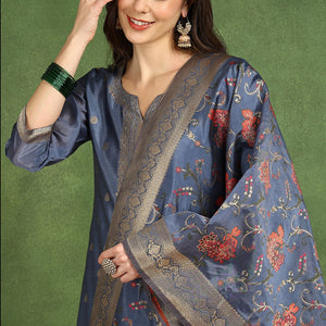 Blue Chanderi Solid Woven Design Jacquard Straight Suit Set With Trouser Bottom PKSKD2677