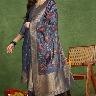 Blue Chanderi Solid Woven Design Jacquard Straight Suit Set With Trouser Bottom PKSKD2677