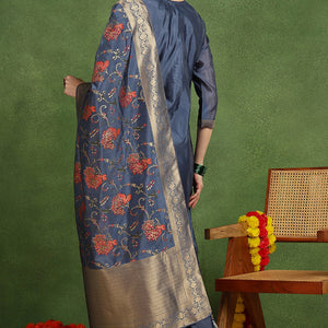 Blue Chanderi Solid Woven Design Jacquard Straight Suit Set With Trouser Bottom PKSKD2677
