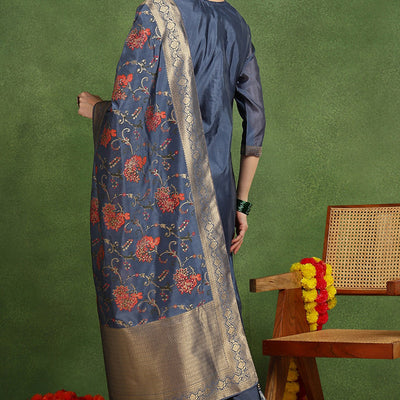 Blue Chanderi Solid Woven Design Jacquard Straight Suit Set With Trouser Bottom PKSKD2677