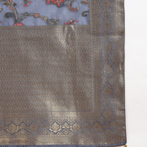 Blue Chanderi Solid Woven Design Jacquard Straight Suit Set With Trouser Bottom PKSKD2677