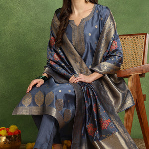 Blue Chanderi Solid Woven Design Jacquard Straight Suit Set With Trouser Bottom PKSKD2677