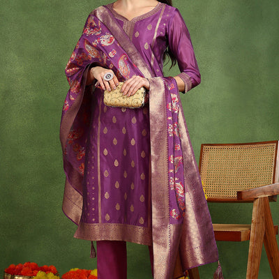 Purple Poly Chanderi Solid Woven Design Straight Suit Set PKSKD2678
