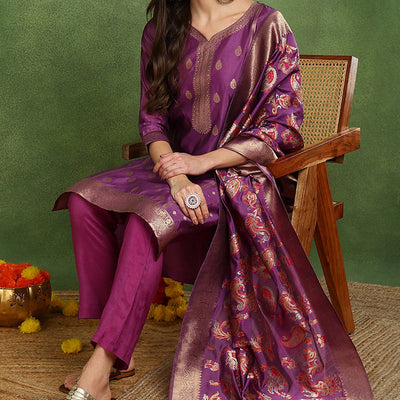 Purple Poly Chanderi Solid Woven Design Straight Suit Set PKSKD2678