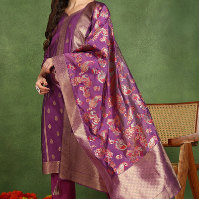 Purple Poly Chanderi Solid Woven Design Straight Suit Set PKSKD2678
