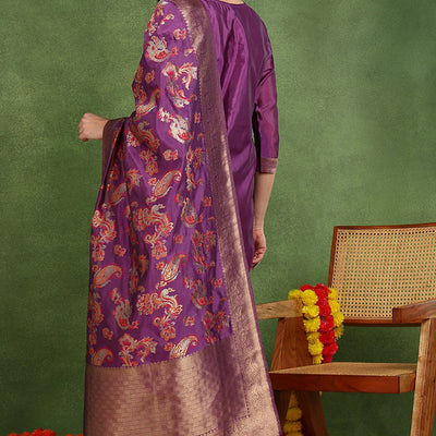 Purple Poly Chanderi Solid Woven Design Straight Suit Set PKSKD2678