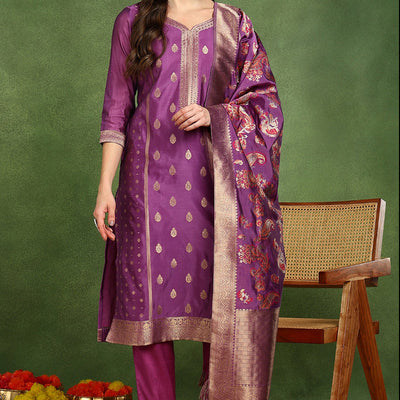 Purple Poly Chanderi Solid Woven Design Straight Suit Set PKSKD2678