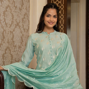 Sea Green Silk Blend Solid Embroidered Straight Suit Set With Trouser Bottom PKSKD2686