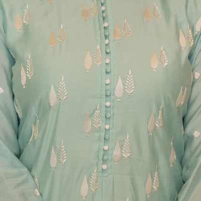 Sea Green Silk Blend Solid Embroidered Straight Suit Set With Trouser Bottom PKSKD2686