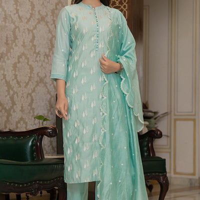 Sea Green Silk Blend Solid Embroidered Straight Suit Set With Trouser Bottom PKSKD2686