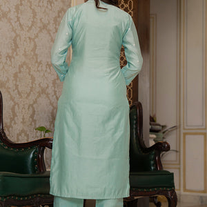 Sea Green Silk Blend Solid Embroidered Straight Suit Set With Trouser Bottom PKSKD2686