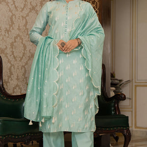 Sea Green Silk Blend Solid Embroidered Straight Suit Set With Trouser Bottom PKSKD2686