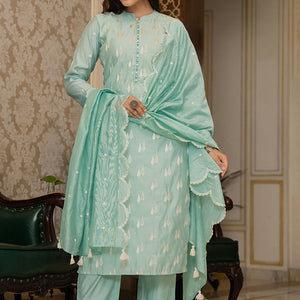 Sea Green Silk Blend Solid Embroidered Straight Suit Set With Trouser Bottom PKSKD2686