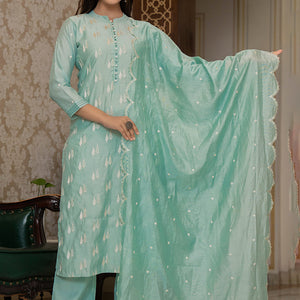 Sea Green Silk Blend Solid Embroidered Straight Suit Set With Trouser Bottom PKSKD2686