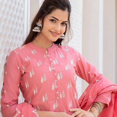 Pink Silk Blend Solid Embroidered Straight Suit Set With Trouser Bottom PKSKD2687