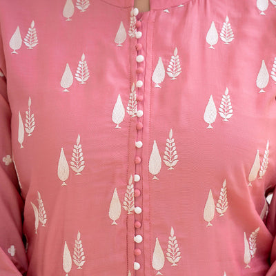 Pink Silk Blend Solid Embroidered Straight Suit Set With Trouser Bottom PKSKD2687