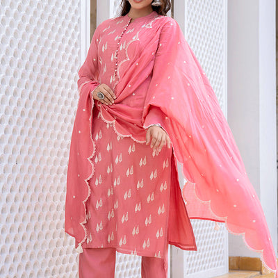 Pink Silk Blend Solid Embroidered Straight Suit Set With Trouser Bottom PKSKD2687
