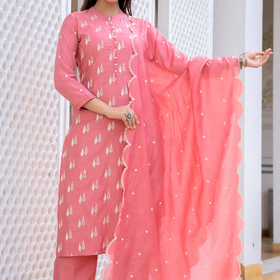 Pink Silk Blend Solid Embroidered Straight Suit Set With Trouser Bottom PKSKD2687