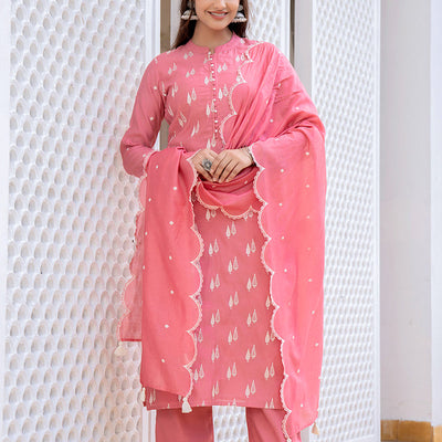 Pink Silk Blend Solid Embroidered Straight Suit Set With Trouser Bottom PKSKD2687
