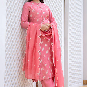 Pink Silk Blend Solid Embroidered Straight Suit Set With Trouser Bottom PKSKD2687