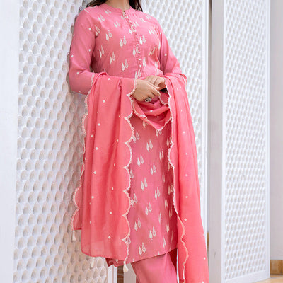 Pink Silk Blend Solid Embroidered Straight Suit Set With Trouser Bottom PKSKD2687
