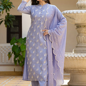 Blue Silk Blend Solid Embroidered Straight Suit Set With Trouser Bottom PKSKD2688