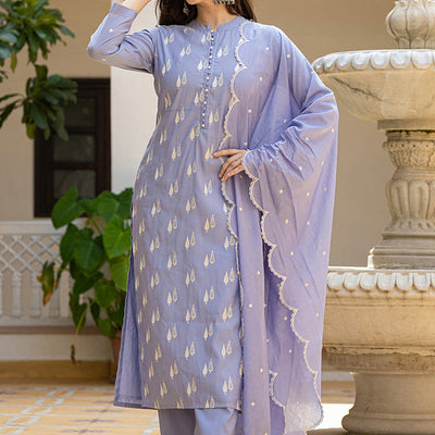 Blue Silk Blend Solid Embroidered Straight Suit Set With Trouser Bottom PKSKD2688