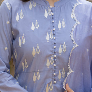 Blue Silk Blend Solid Embroidered Straight Suit Set With Trouser Bottom PKSKD2688
