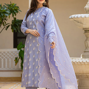 Blue Silk Blend Solid Embroidered Straight Suit Set With Trouser Bottom PKSKD2688