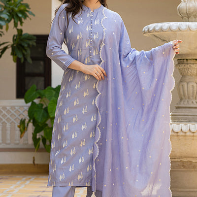 Blue Silk Blend Solid Embroidered Straight Suit Set With Trouser Bottom PKSKD2688