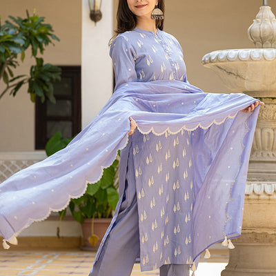 Blue Silk Blend Solid Embroidered Straight Suit Set With Trouser Bottom PKSKD2688