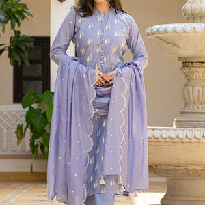 Blue Silk Blend Solid Embroidered Straight Suit Set With Trouser Bottom PKSKD2688